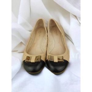Coach "Demi" Natural Nude Black Leather Cap Toe Ballet Flats 8B